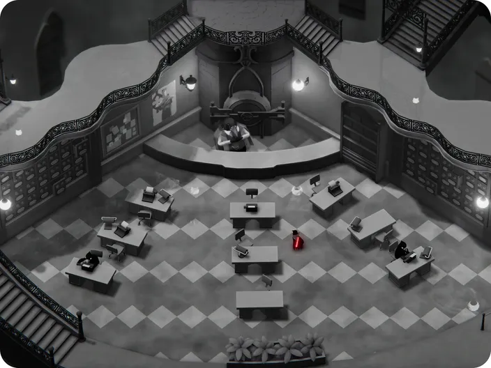 Captura del juego Deaths Door donde se ven unas oficinas