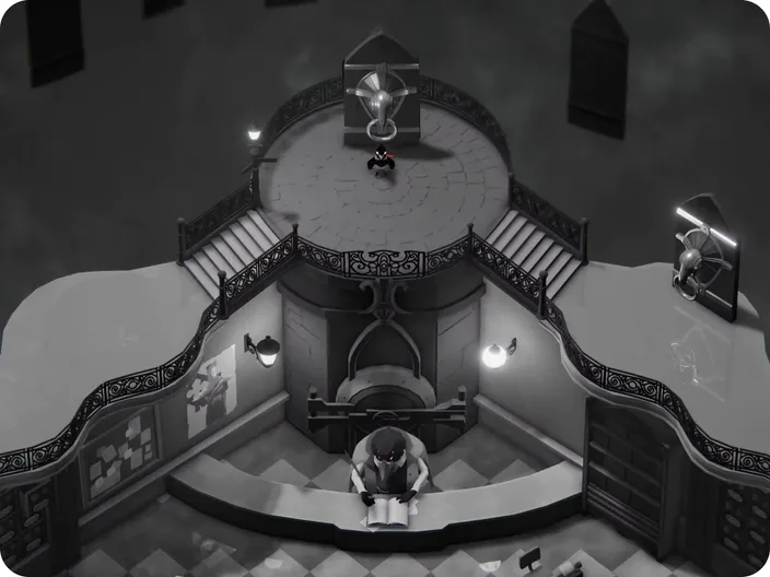 Captura del juego Deaths Door donde se ve la parte alta de las oficinas