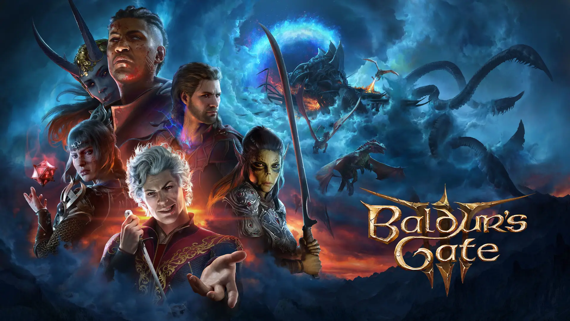 Key Art del juego Baldur's Gate 3 en el que podemos ver a los NPCs Astarion, Lae'zel, Gale, Corazón Sombrio y Wyll junto con el logo